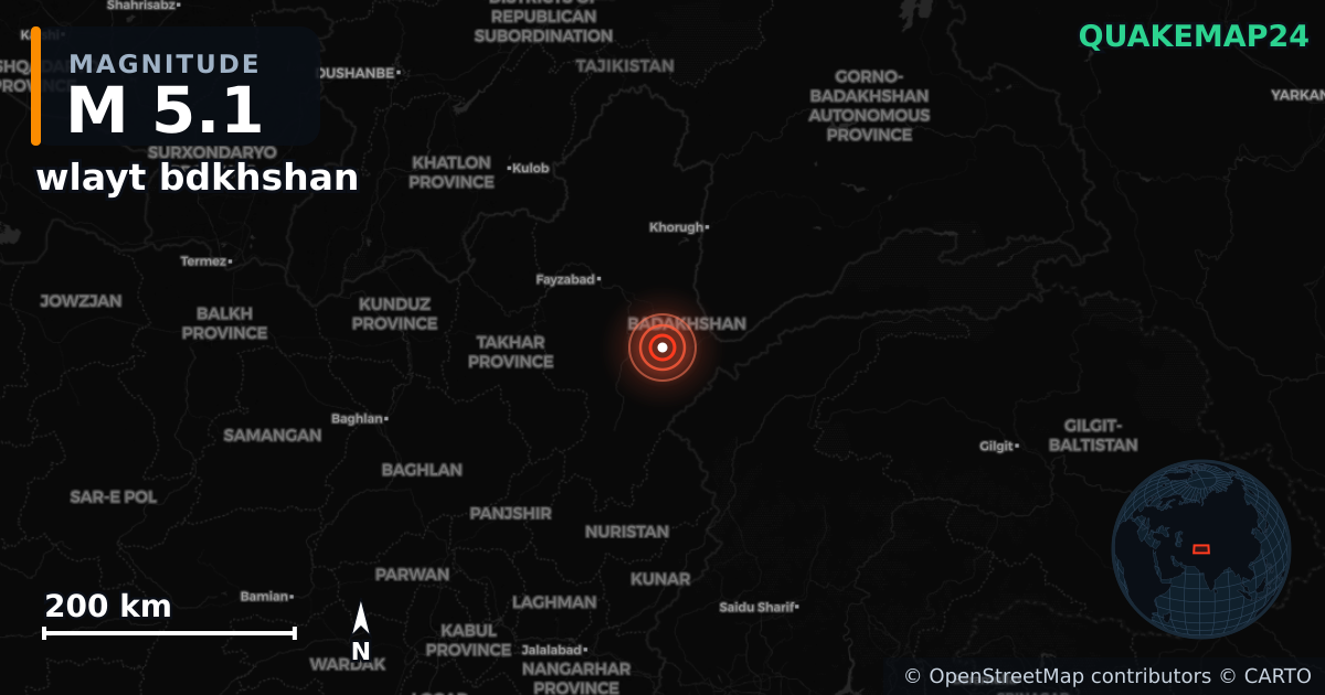 M5.1 earthquake near wlayt bdkhshan on Oct 21, 2025 — map of epicenter and shaking intensity | QuakeMap24