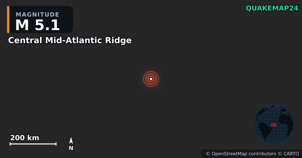Erdbeben M5,1 bei Central Mid-Atlantic Ridge · 2025-06-19 — Karte der Lage des Epizentrums