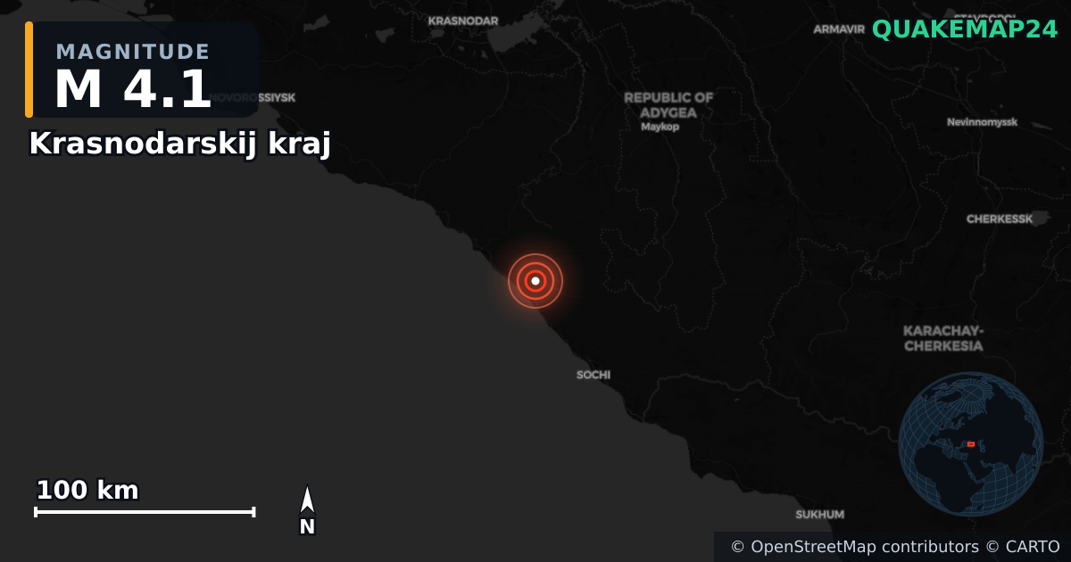 M4.1 earthquake near Krasnodarskij kraj on Dec 6, 2025 — map of epicenter and shaking intensity | QuakeMap24