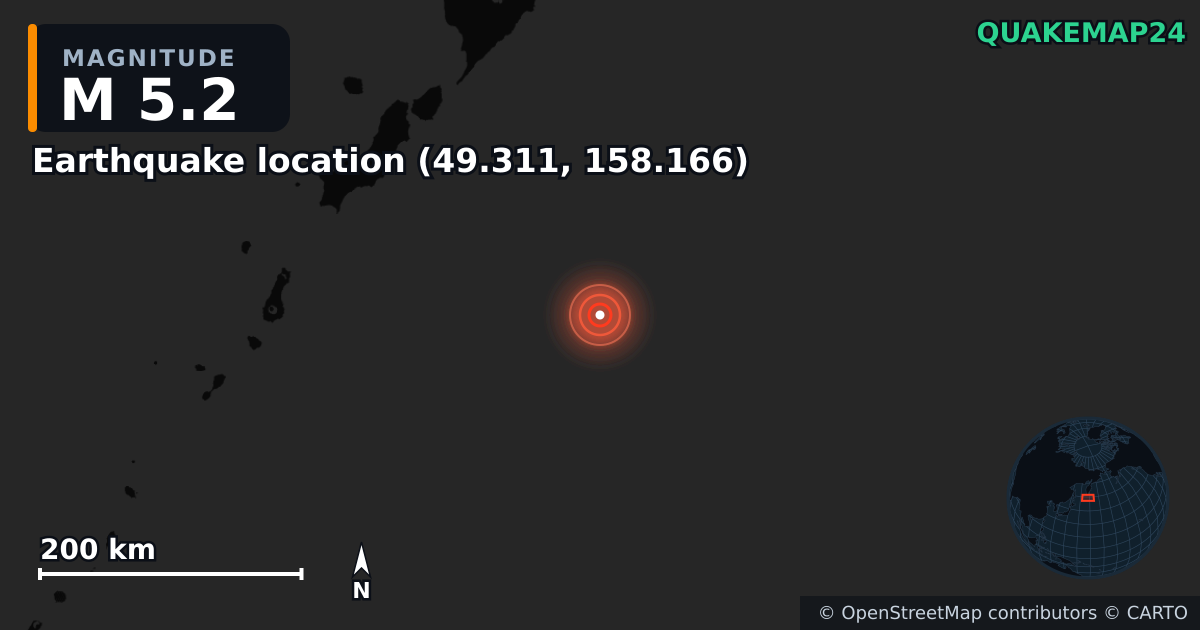 M5.2 earthquake near Local do sismo (49.311, 158.166) on Sep 27, 2025 — map of epicenter and shaking intensity | QuakeMap24