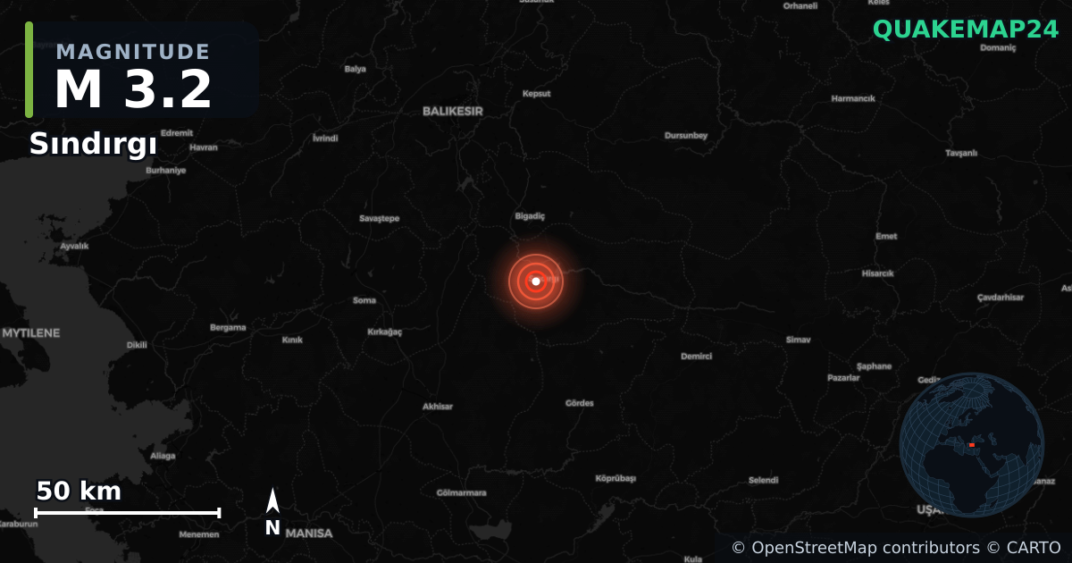 M3.2 earthquake near Sındırgı on Nov 13, 2025 — map of epicenter and shaking intensity | QuakeMap24