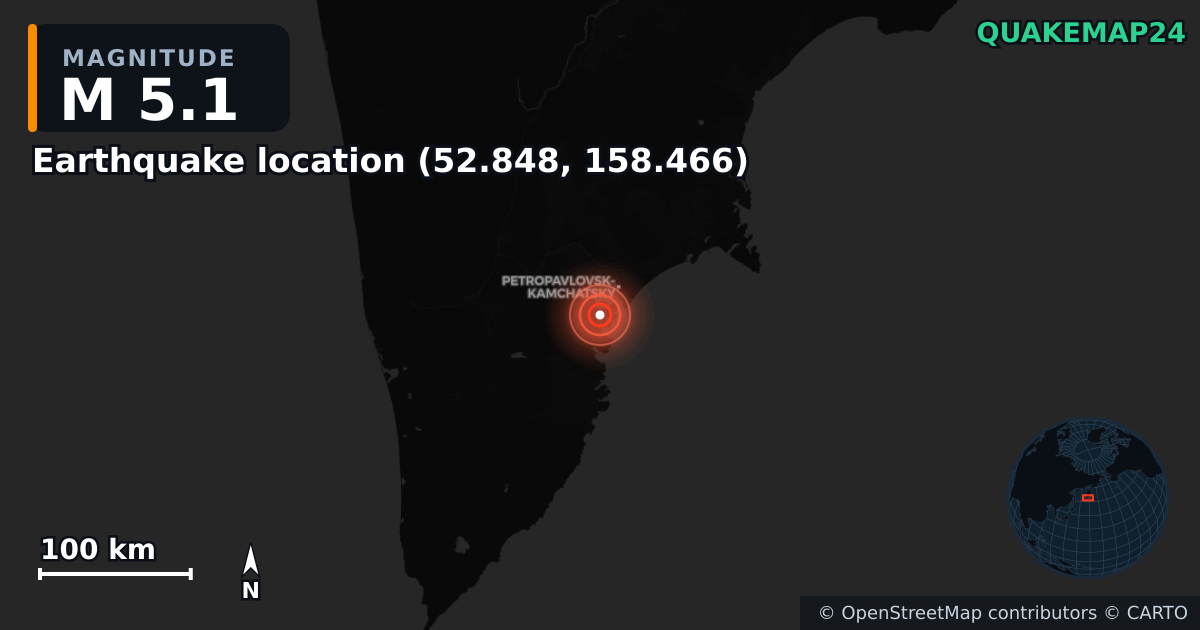 M5.1 earthquake near Deprem konumu (52.848, 158.466) on Sep 19, 2025 — map of epicenter and shaking intensity | QuakeMap24