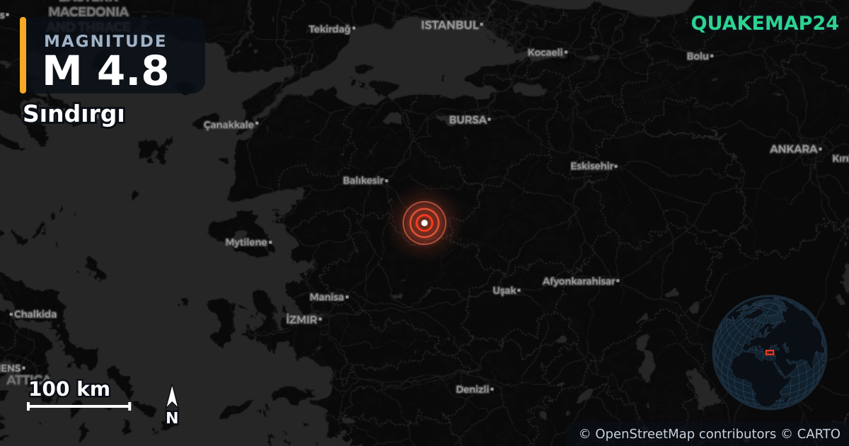 M4.8 earthquake near Sındırgı on Nov 3, 2025 — map of epicenter and shaking intensity | QuakeMap24