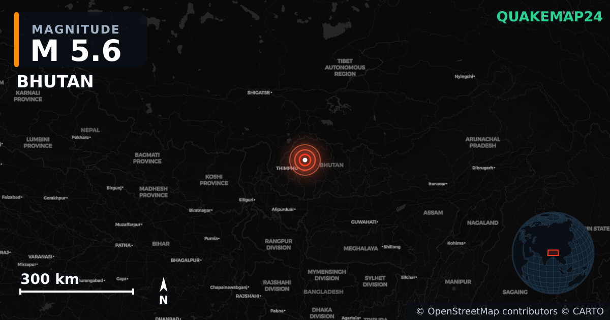 M5.6 earthquake near BHUTAN on Jun 7, 2026 — map of epicenter and shaking intensity | QuakeMap24