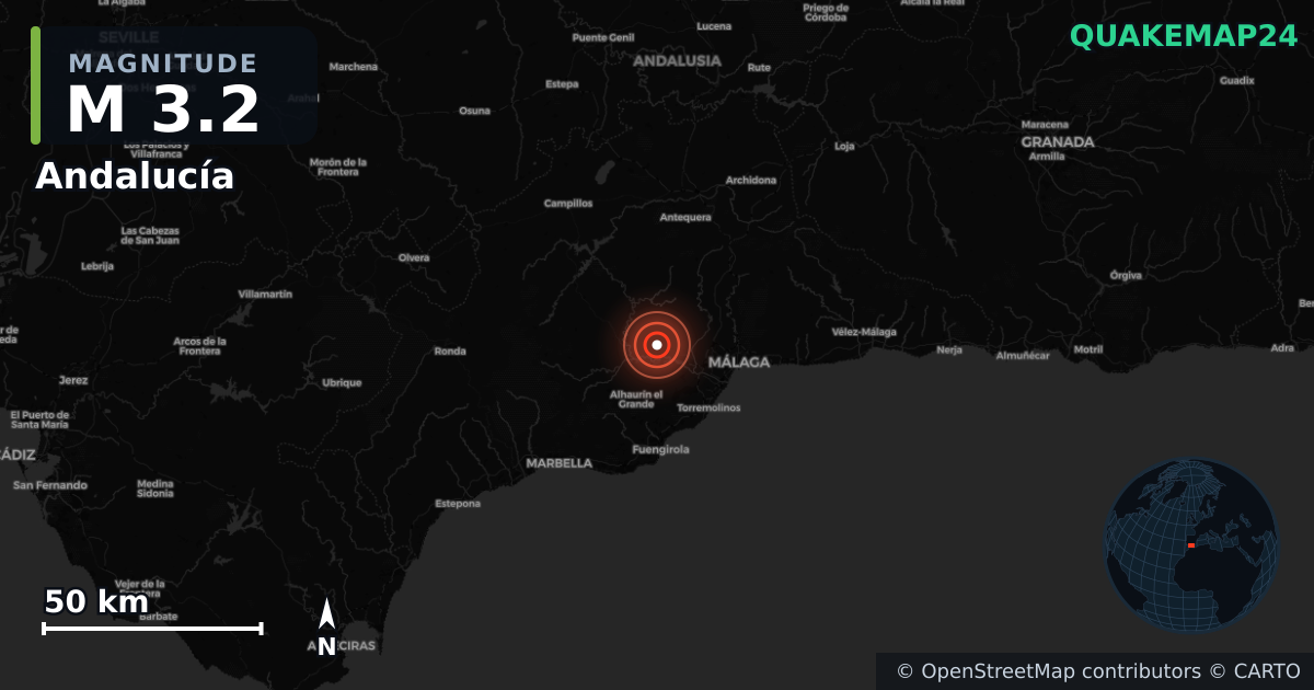 M3.2 earthquake near Andalucía on Jun 6, 2025 — map of epicenter and shaking intensity | QuakeMap24