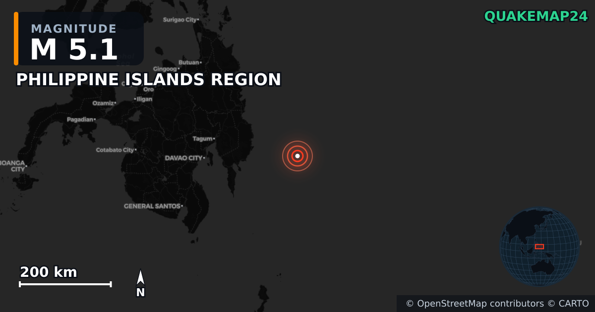 PHILIPPINE ISLANDS REGION yakınında M5,1 deprem — Deprem merkez üssünün konumunu gösteren harita