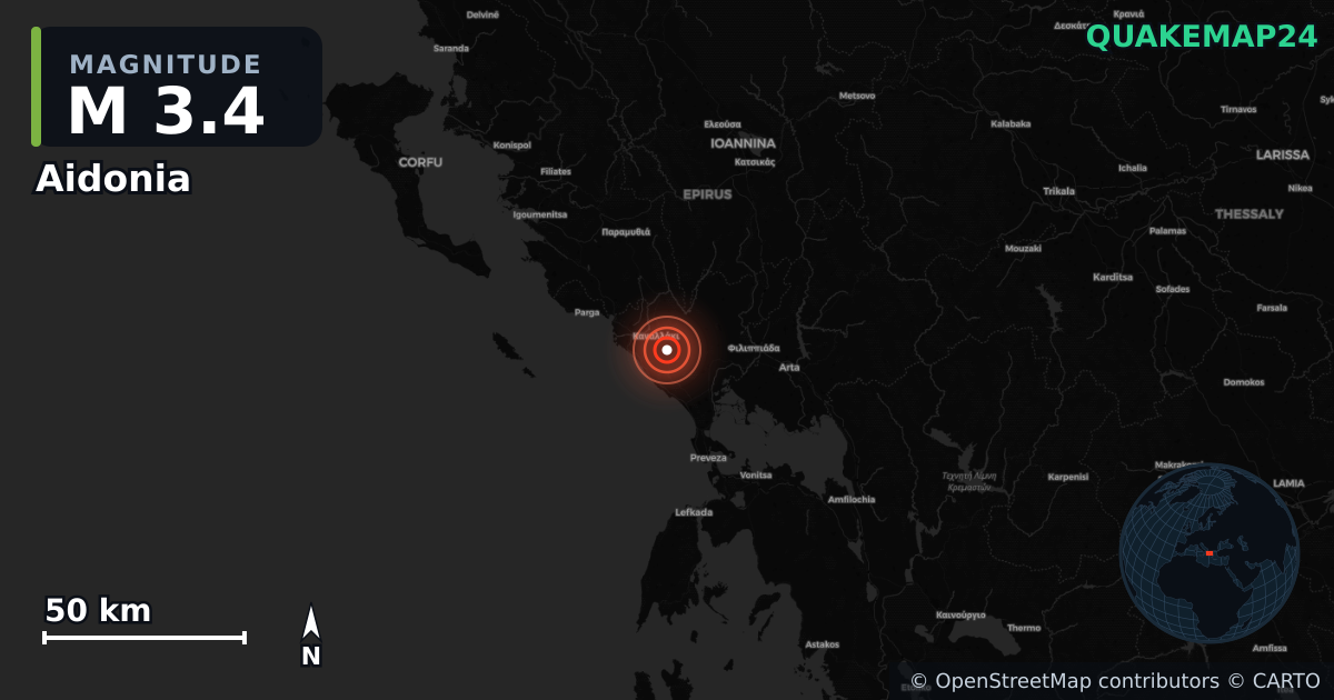 M3.4 earthquake near Aidonia on Apr 4, 2026 — map of epicenter and shaking intensity | QuakeMap24