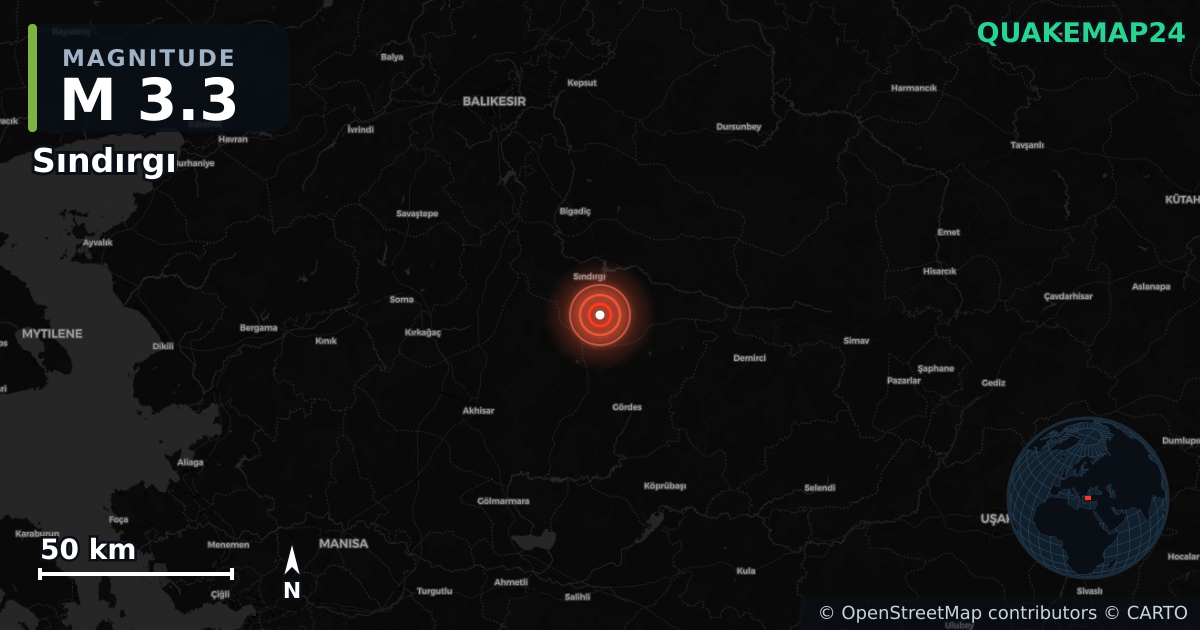M3.3 earthquake near Sındırgı on Jul 30, 2025 — map of epicenter and shaking intensity | QuakeMap24