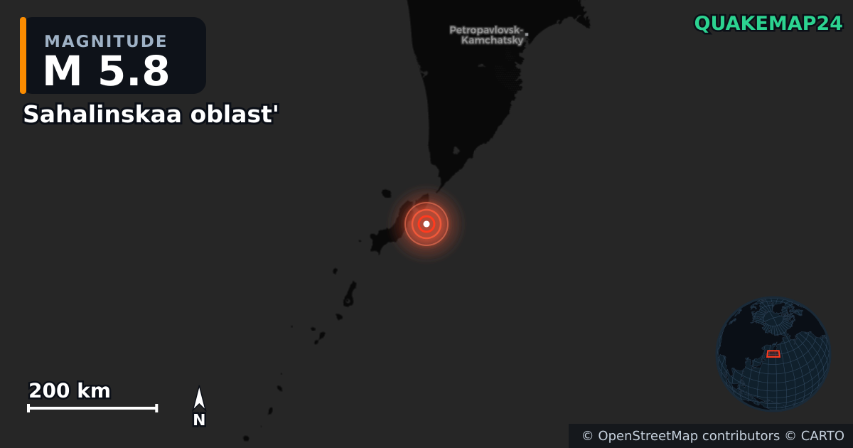M5.8 earthquake near Sahalinskaa oblast' on Oct 11, 2025 — map of epicenter and shaking intensity | QuakeMap24