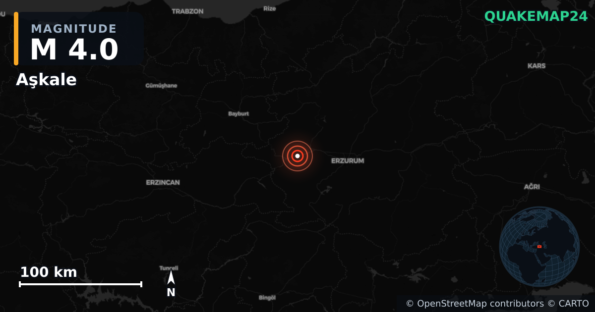 M4.0 earthquake near Aşkale on Apr 26, 2026 — map of epicenter and shaking intensity | QuakeMap24