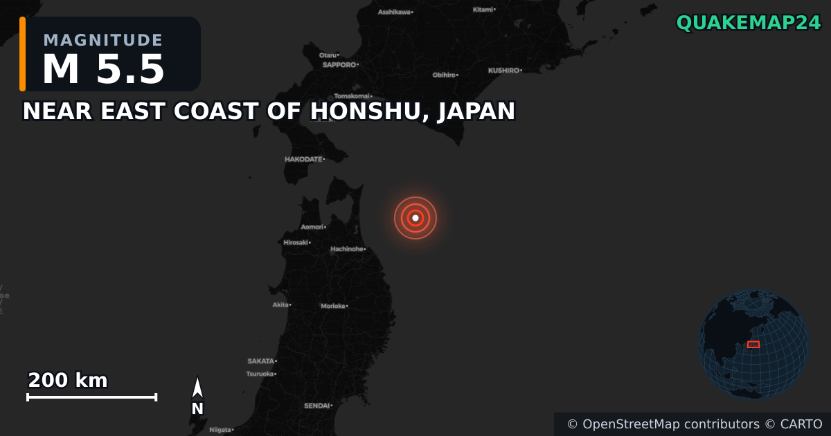 M5.5 earthquake near NEAR EAST COAST OF HONSHU, JAPAN on Dec 8, 2025 — map of epicenter and shaking intensity | QuakeMap24