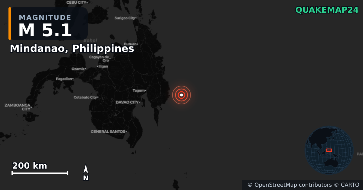 Erdbeben M5,1 bei Mindanao, Philippines — Karte der Lage des Epizentrums