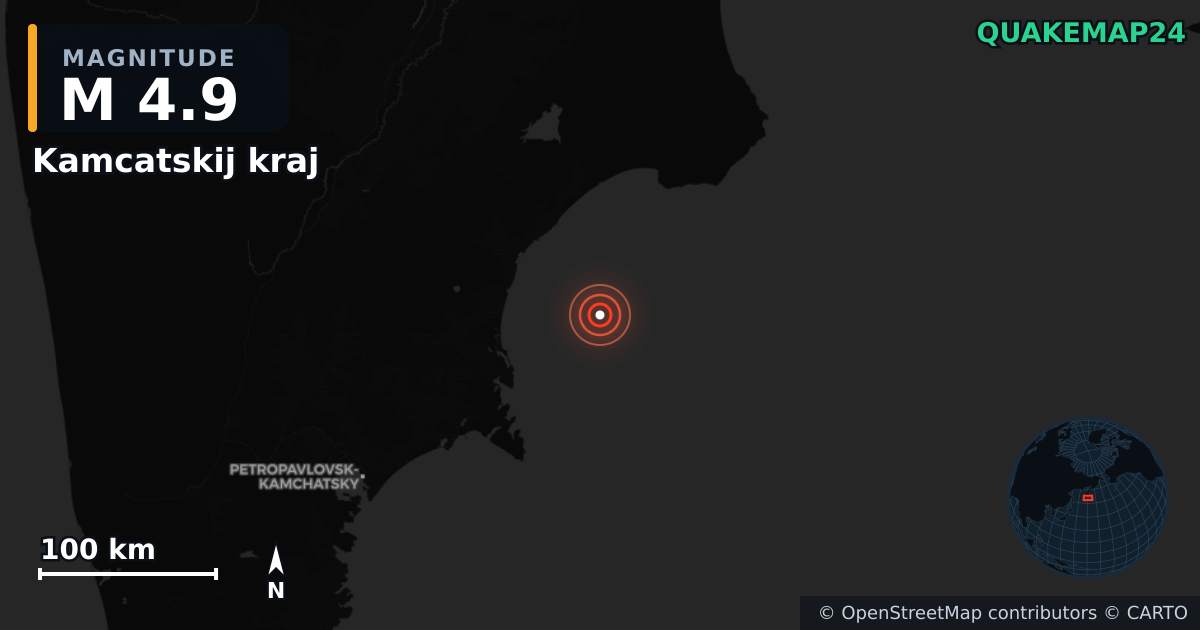M4.9 earthquake near Kamcatskij kraj on Jan 14, 2026 — map of epicenter and shaking intensity | QuakeMap24