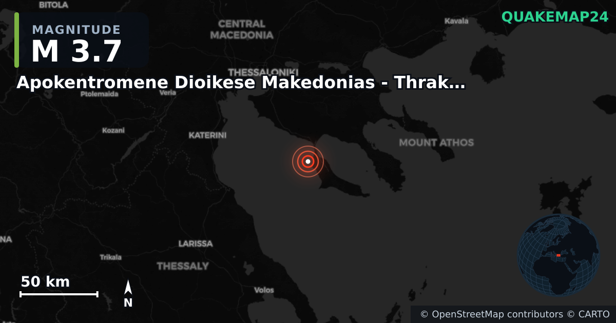 M3.7 earthquake near Apokentromene Dioikese Makedonias - Thrakes on Sep 1, 2025 — map of epicenter and shaking intensity | QuakeMap24