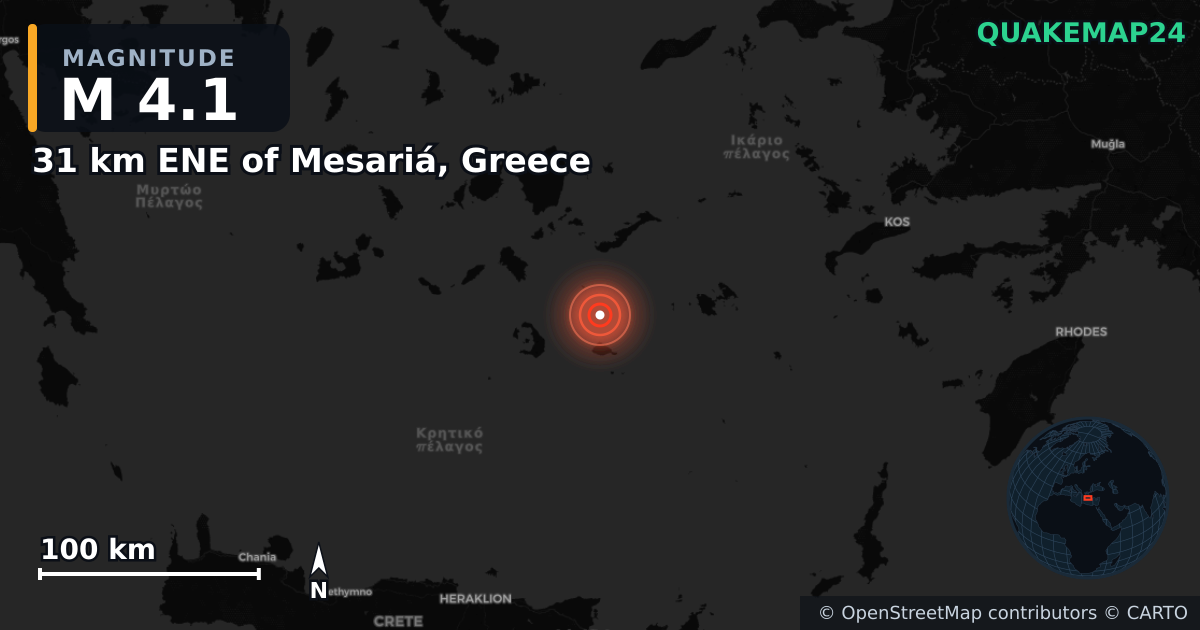 M4.1 earthquake near 31 km ENE of Mesariá, Greece on Feb 11, 2025 — map of epicenter and shaking intensity | QuakeMap24