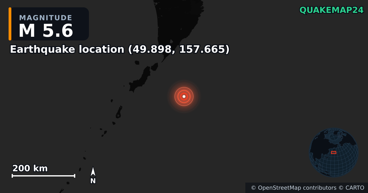 M5.6 earthquake near Erdbeben-Standort (49.898, 157.665) on Jun 7, 2026 — map of epicenter and shaking intensity | QuakeMap24