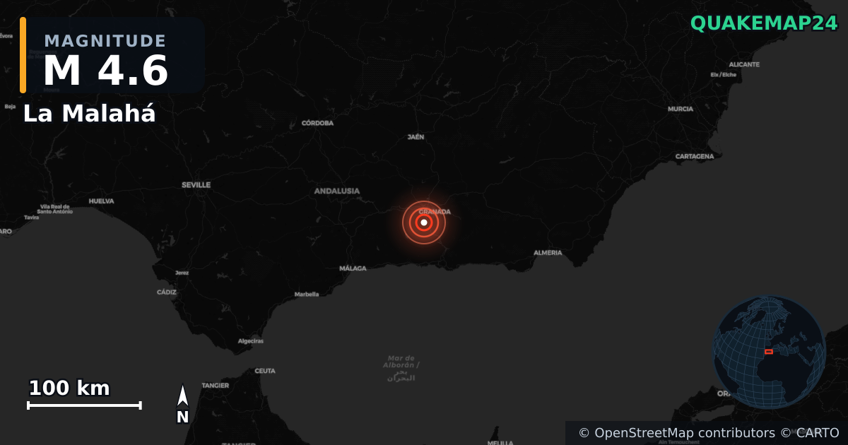 M4.6 earthquake near La Malahá on Aug 18, 2026 — map of epicenter and shaking intensity | QuakeMap24