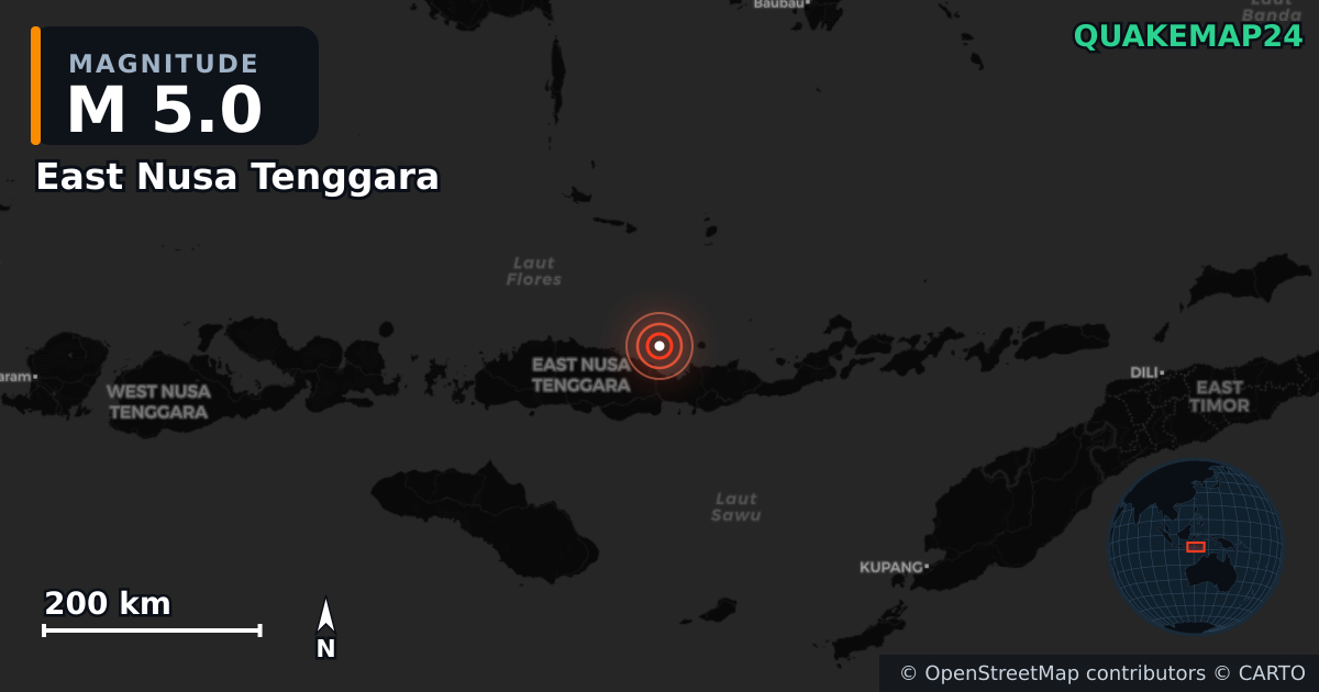 M5.0 earthquake near East Nusa Tenggara on Aug 14, 2026 — map of epicenter and shaking intensity | QuakeMap24