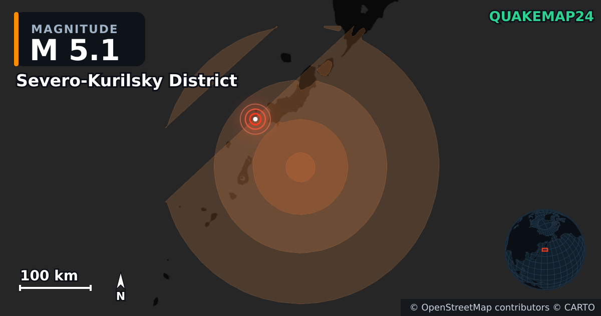 M5.1 earthquake near Severo-Kurilsky District on Aug 19, 2026 — map of epicenter and shaking intensity | QuakeMap24