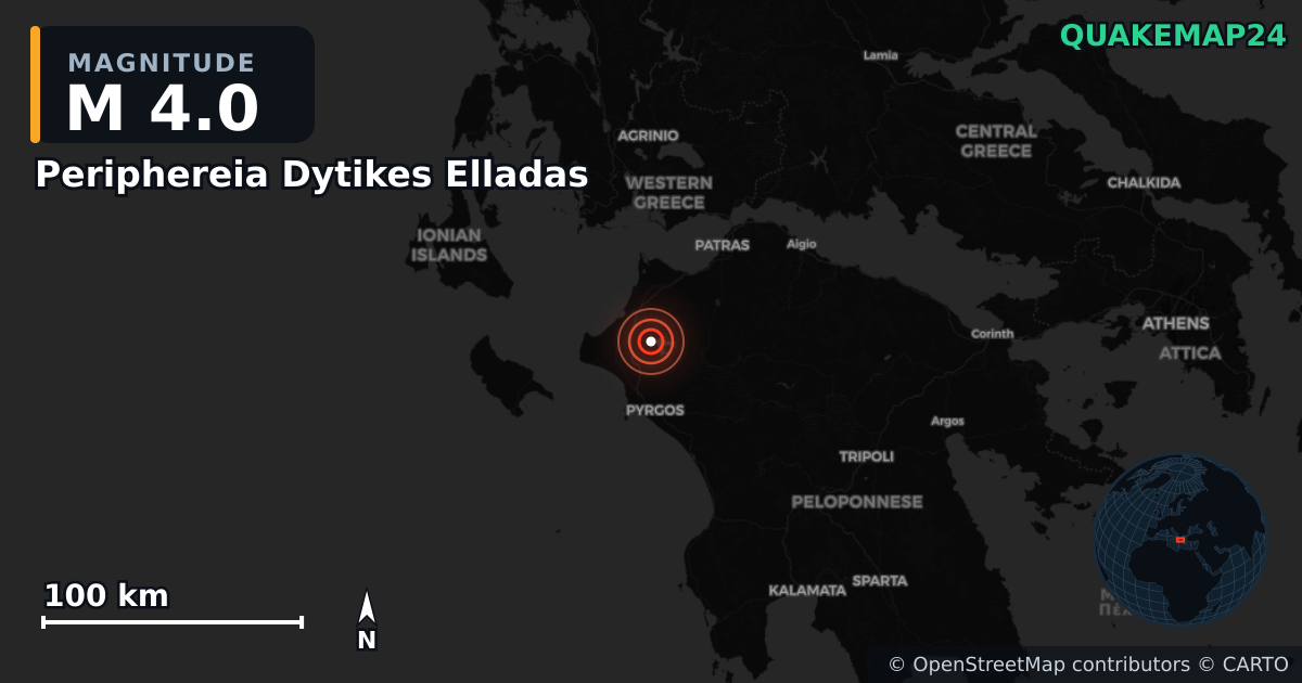 M4.0 earthquake near Periphereia Dytikes Elladas on May 25, 2026 — map of epicenter and shaking intensity | QuakeMap24