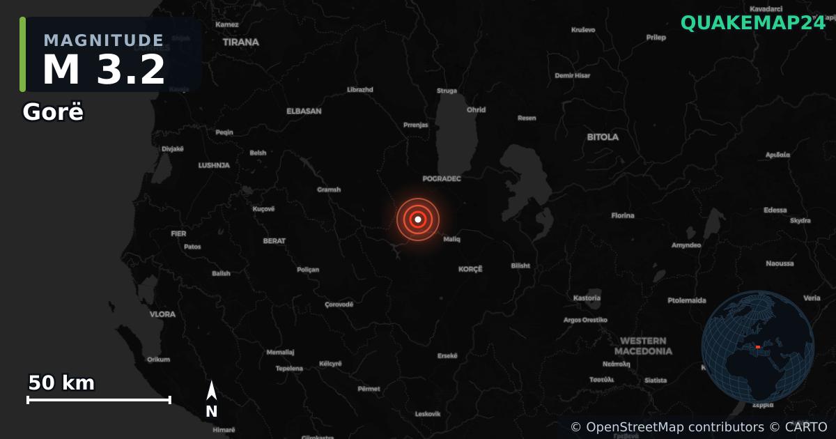 M3.2 earthquake near Gorë on Jan 15, 2026 — map of epicenter and shaking intensity | QuakeMap24