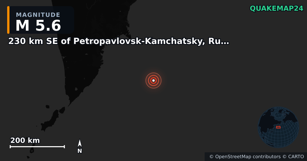 M5.6 earthquake near 230 km SE of Petropavlovsk-Kamchatsky, Russia on Dec 15, 2025 — map of epicenter and shaking intensity | QuakeMap24