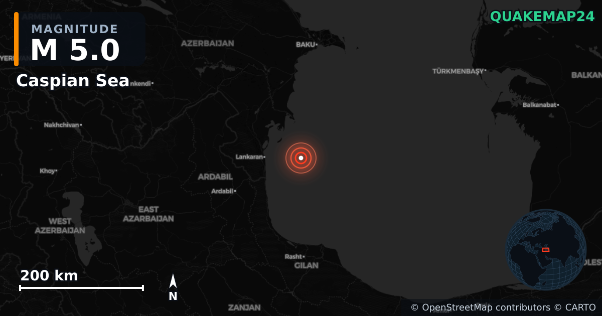 M5.0 earthquake near Caspian Sea on Apr 8, 2026 — map of epicenter and shaking intensity | QuakeMap24
