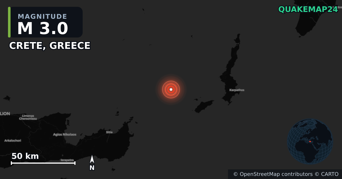 M3.0 earthquake near CRETE, GREECE on Sep 28, 2025 — map of epicenter and shaking intensity | QuakeMap24