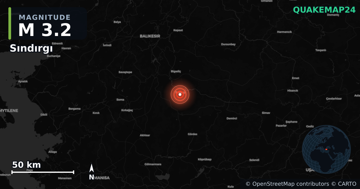 M3.2 earthquake near Sındırgı on Aug 31, 2025 — map of epicenter and shaking intensity | QuakeMap24