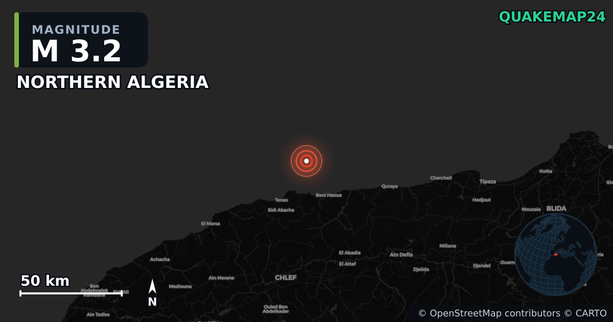 M3.2 earthquake near NORTHERN ALGERIA on Aug 25, 2025 — map of epicenter and shaking intensity | QuakeMap24