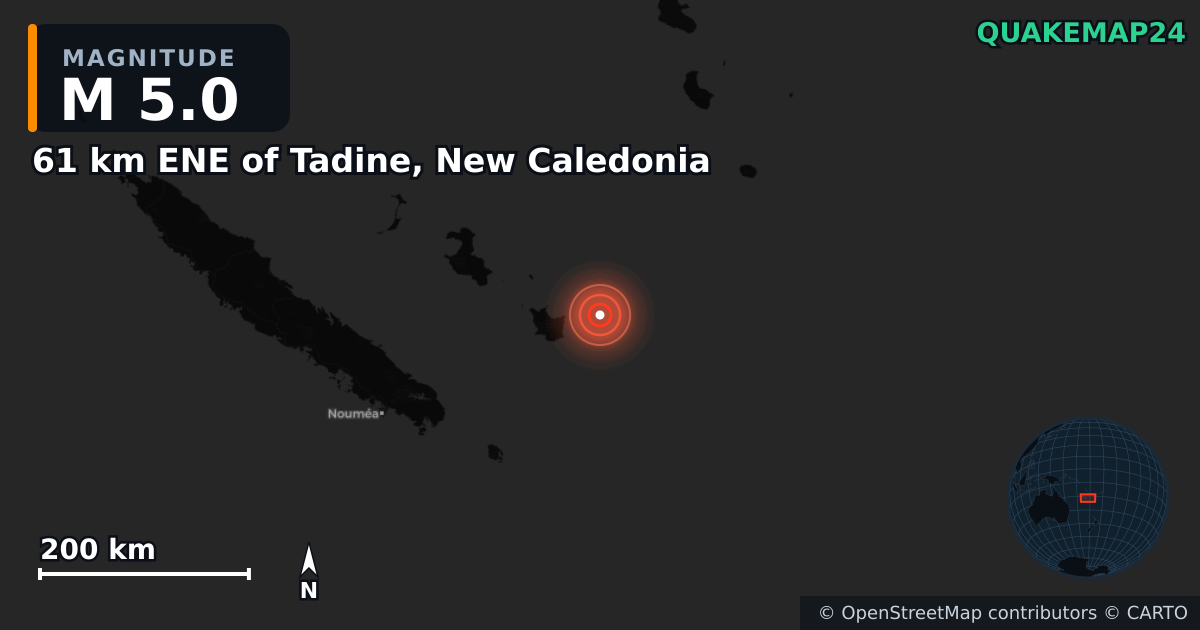 M5.0 Earthquake near 61 km ENE of Tadine, New Caledonia · 2026-09-27 — Map showing the location of the epicenter
