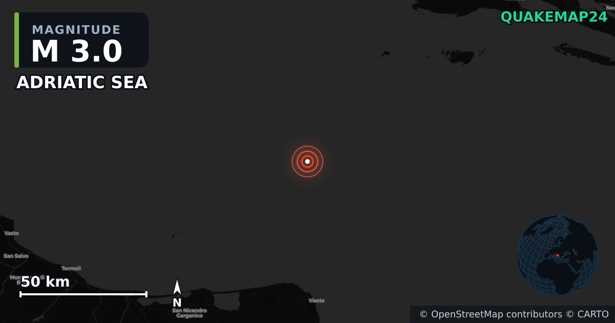M3.0 earthquake near ADRIATIC SEA on Jan 3, 2026 — map of epicenter and shaking intensity | QuakeMap24