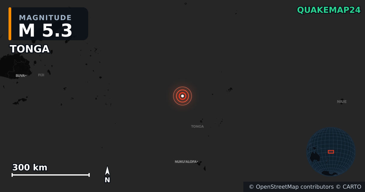 TONGA yakınında M5,3 deprem — Deprem merkez üssünün konumunu gösteren harita