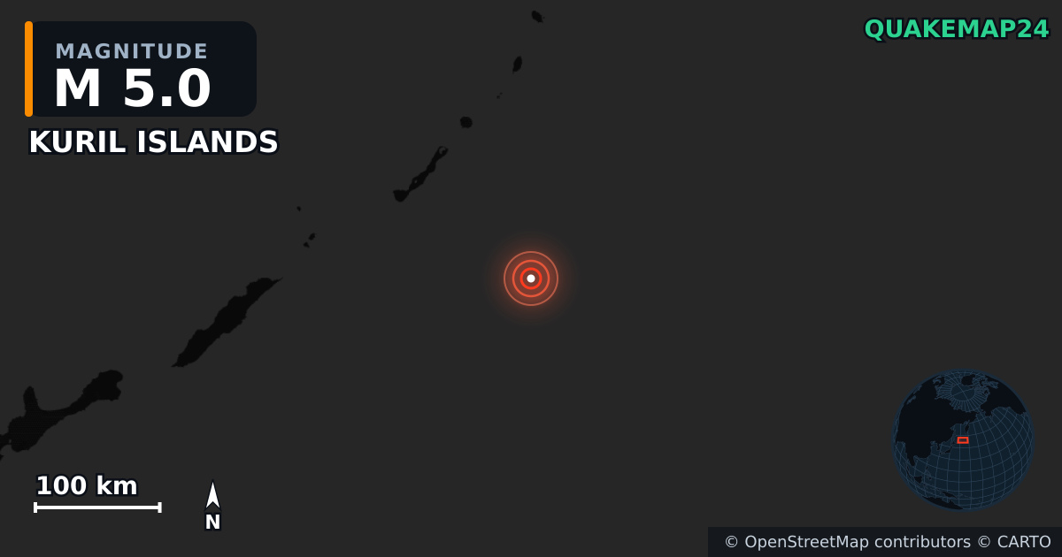 M5.0 earthquake near KURIL ISLANDS on Oct 20, 2025 — map of epicenter and shaking intensity | QuakeMap24