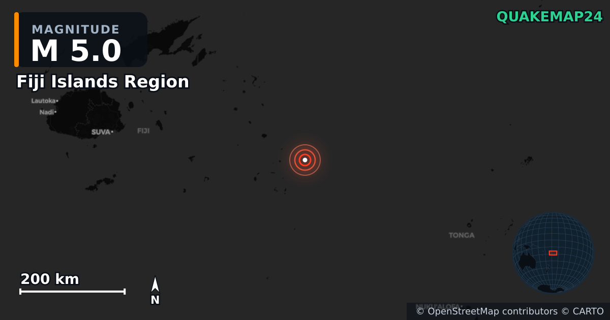 M5.0 earthquake near Fiji Islands Region on Oct 4, 2025 — map of epicenter and shaking intensity | QuakeMap24