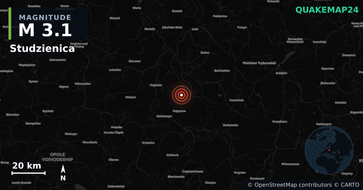 M3.1 earthquake near Studzienica on Jan 26, 2026 — map of epicenter and shaking intensity | QuakeMap24