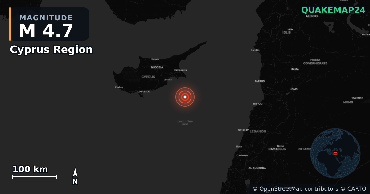 M4.7 earthquake near Cyprus Region on Jun 23, 2025 — map of epicenter and shaking intensity | QuakeMap24