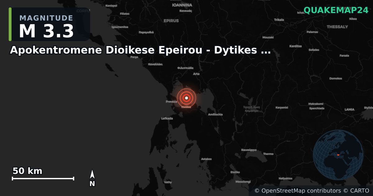 M3.3 earthquake near Apokentromene Dioikese Epeirou - Dytikes Makedonias on Aug 26, 2025 — map of epicenter and shaking intensity | QuakeMap24