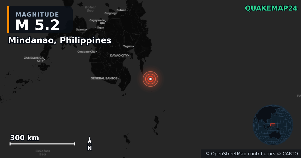 Mindanao, Philippines yakınında M5,2 deprem — Deprem merkez üssünün konumunu gösteren harita