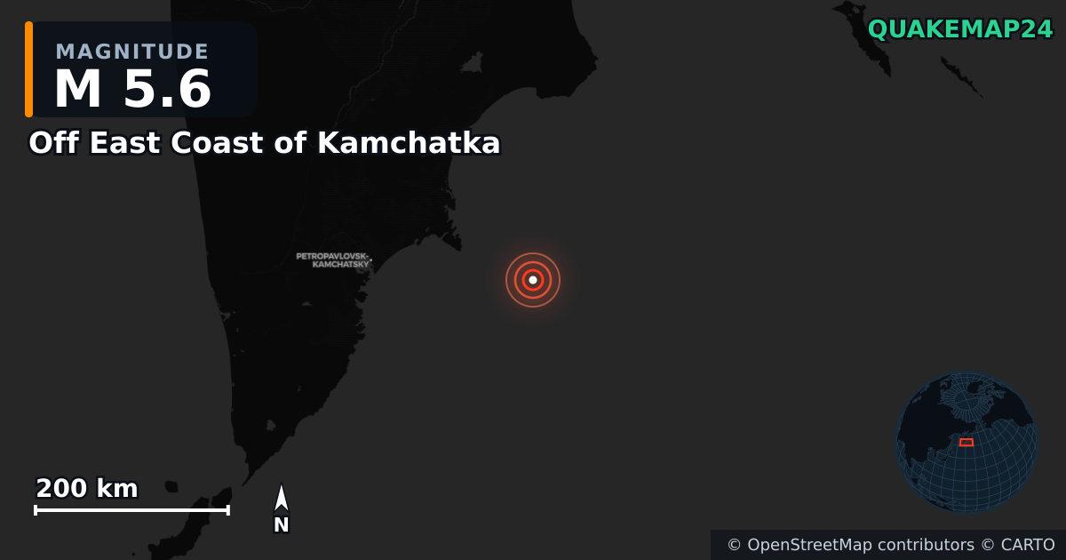 M5.6 earthquake near Off East Coast of Kamchatka on Sep 18, 2025 — map of epicenter and shaking intensity | QuakeMap24