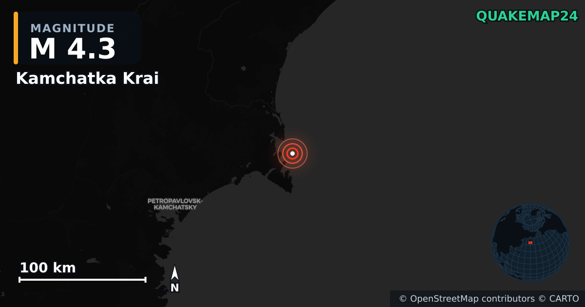 M4.3 earthquake near Kamchatka Krai on Jul 27, 2026 — map of epicenter and shaking intensity | QuakeMap24