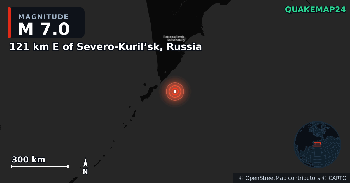 M7.0 earthquake near 121 km E of Severo-Kuril’sk, Russia on Aug 3, 2025 — map of epicenter and shaking intensity | QuakeMap24