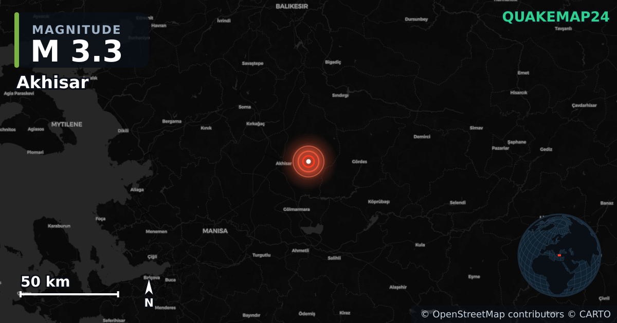 M3.3 earthquake near Akhisar on Nov 6, 2025 — map of epicenter and shaking intensity | QuakeMap24