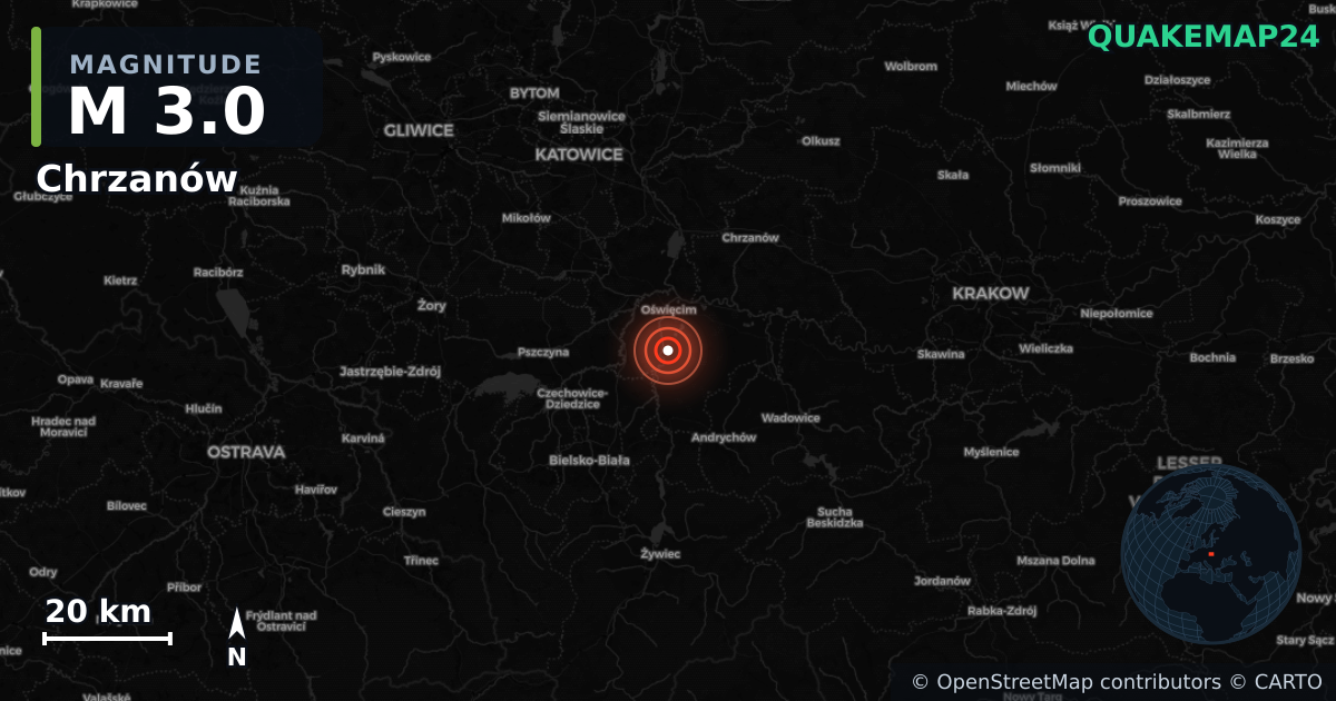M3.0 earthquake near Chrzanów on Jan 22, 2026 — map of epicenter and shaking intensity | QuakeMap24