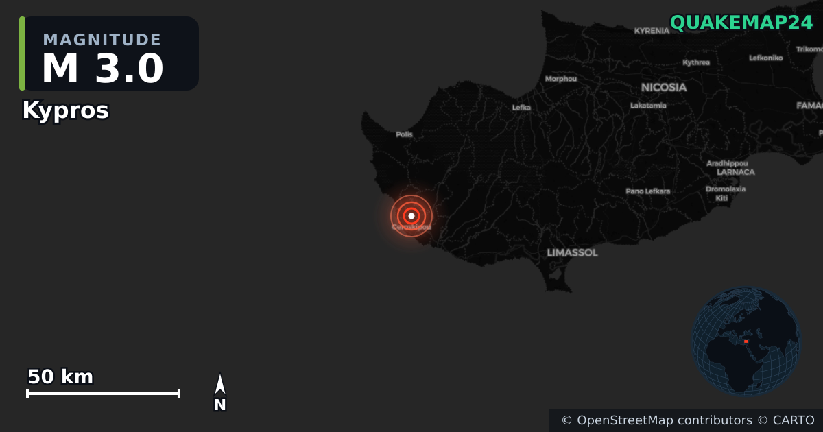 M3.0 earthquake near Kypros on Nov 12, 2025 — map of epicenter and shaking intensity | QuakeMap24
