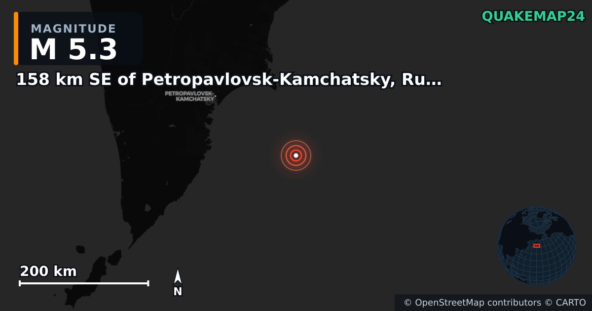 M5.3 earthquake near 158 km SE of Petropavlovsk-Kamchatsky, Russia on Nov 7, 2025 — map of epicenter and shaking intensity | QuakeMap24