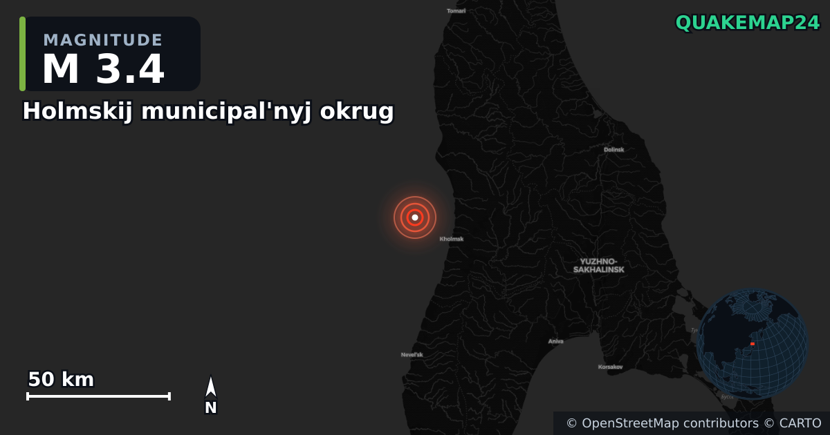 M3.4 earthquake near Holmskij municipal'nyj okrug on Feb 18, 2026 — map of epicenter and shaking intensity | QuakeMap24