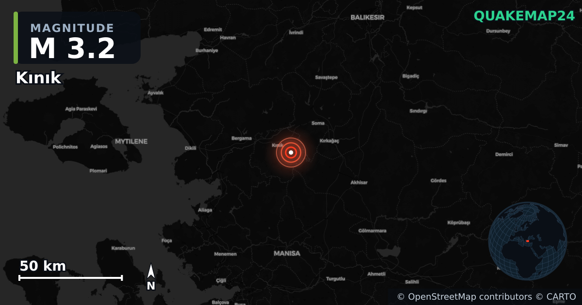 M3.2 earthquake near Kınık on Nov 5, 2025 — map of epicenter and shaking intensity | QuakeMap24