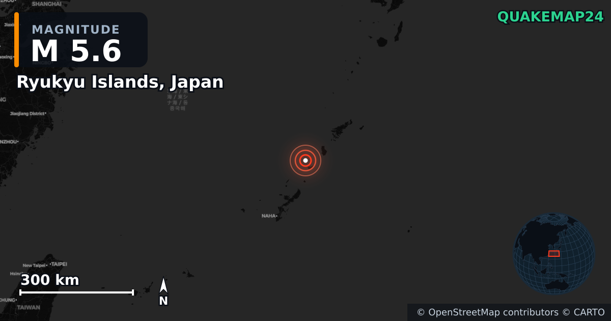 M5.6 earthquake near Ryukyu Islands, Japan on May 20, 2026 — map of epicenter and shaking intensity | QuakeMap24