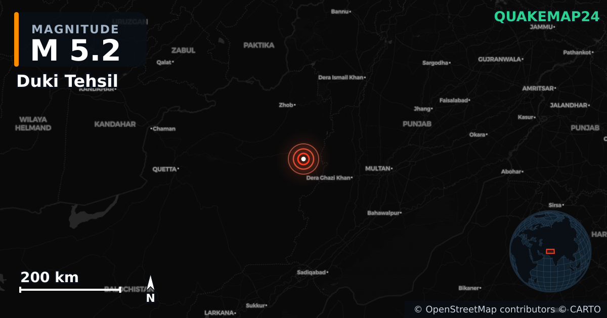 M5.2 earthquake near Duki Tehsil on Jun 26, 2026 — map of epicenter and shaking intensity | QuakeMap24